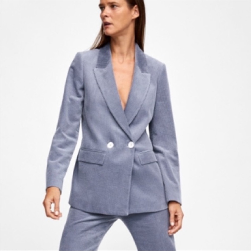 Zara blue grey corduroy double breasted blazer